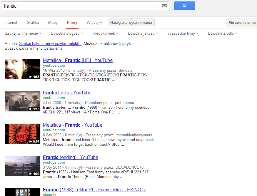 wyszukiwarka filmów w Google