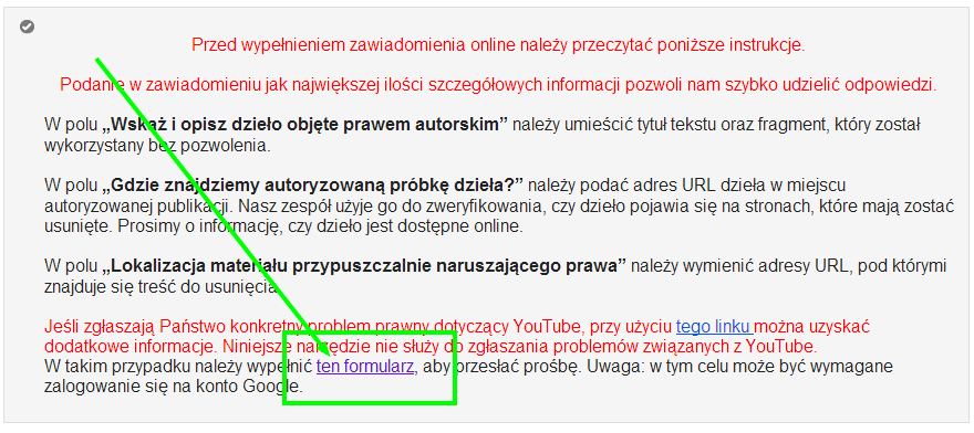 Przejście do zasadniczego formularza DMCA
